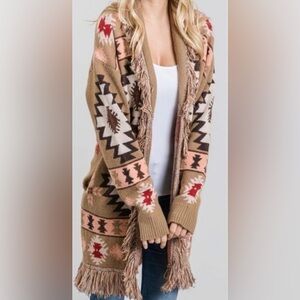 Tribal print cardigan long sleeve fringe detail 2 pockets heavyweight